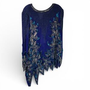 Vintage Black Tie Womens 16 Blue Beaded Sequin Silk Asymmetrical Hem Evening